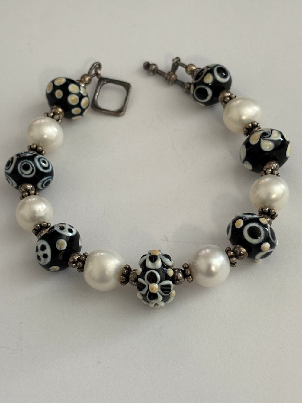Sterling Silver Freshwater Pearls Lampwork Beads Bracelet Toggle Clasp